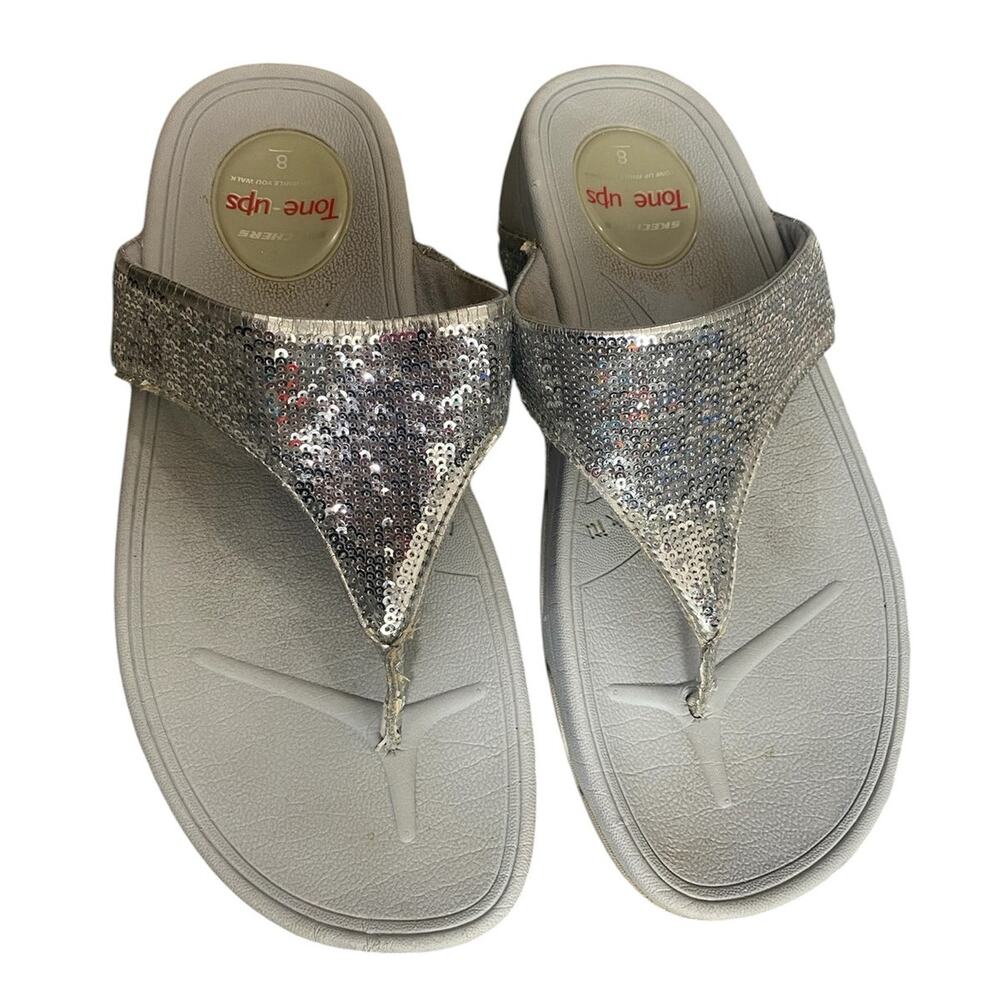 Skechers Tone Up Silver Sequin Flip Flop Fitness Thong Sandals Women Size 8